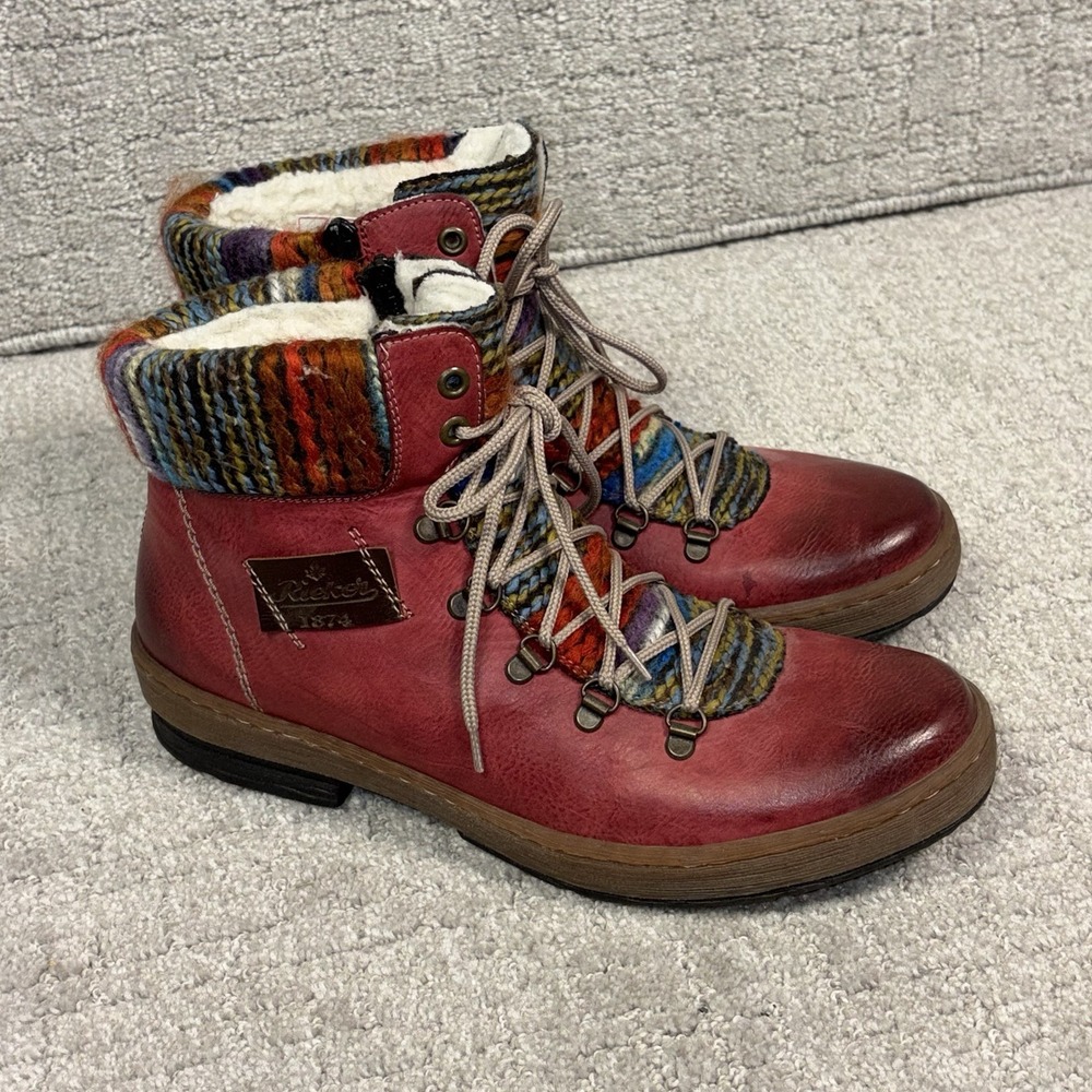 Rieker Felicitas Red Lace Up Side Zip Boots Women's Size 42 US 10 Knit Cuff